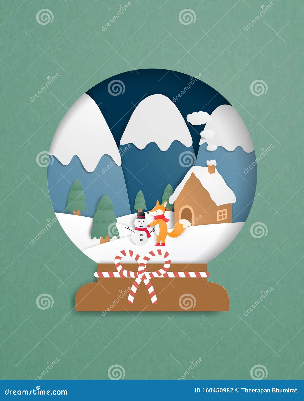 Tarjeta De Saludo De Navidad Con Estilo De Corte De Papel. Zorro Bebé Haciendo Un Muñeco De Nieve. Ilustraci?n Del Vector. Diseà Ilustración del Vector - Ilustración de saludo, bebã©: 160450982