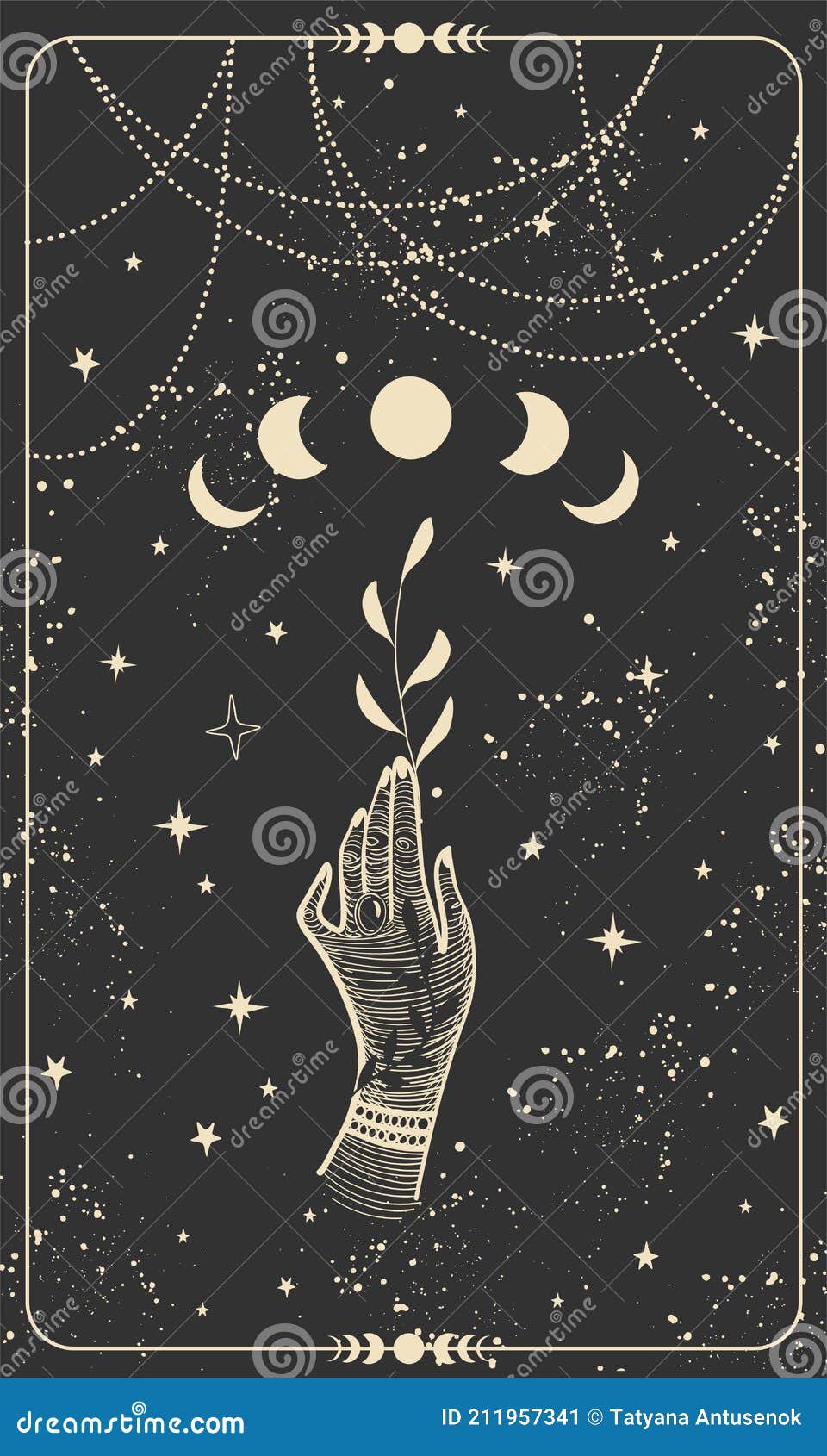 Tarot Card with Hand Holding Plant and Moon. Magical Boho Design with  Stars, Engraving Stylization, Witch Cover in Vintage Design Stock Vector -  Illustration of boho, hand: 211957341