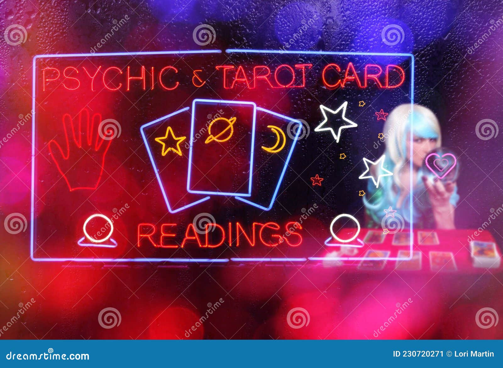 Tarot Card Readings Neon Sign in Window with Psychic Tarot Card Reader in  Background Stock Image - Image of love, astrology: 230720271