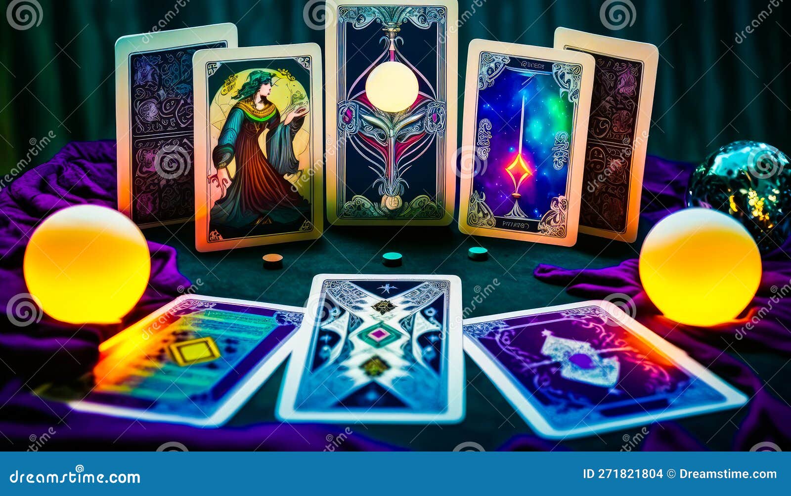 Tarot Cards and Candles on Table with Purple Cloth. Generative AI Stock