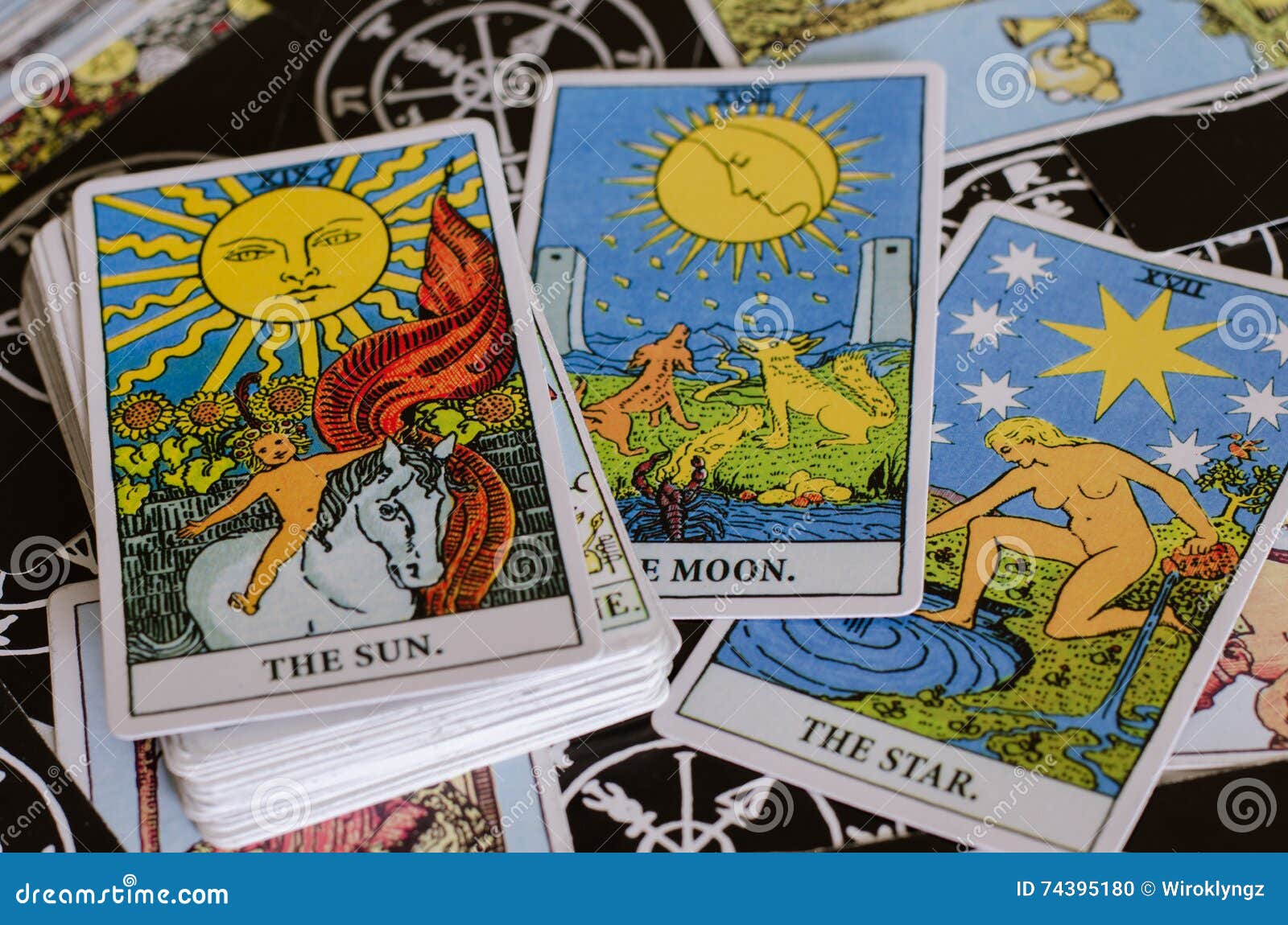 The Tarot Cards - The Good Meaning Cards Is The Sun, The Moon And The Star.  Stock Photo - Image Of Prophecy, Symbol: 74395180