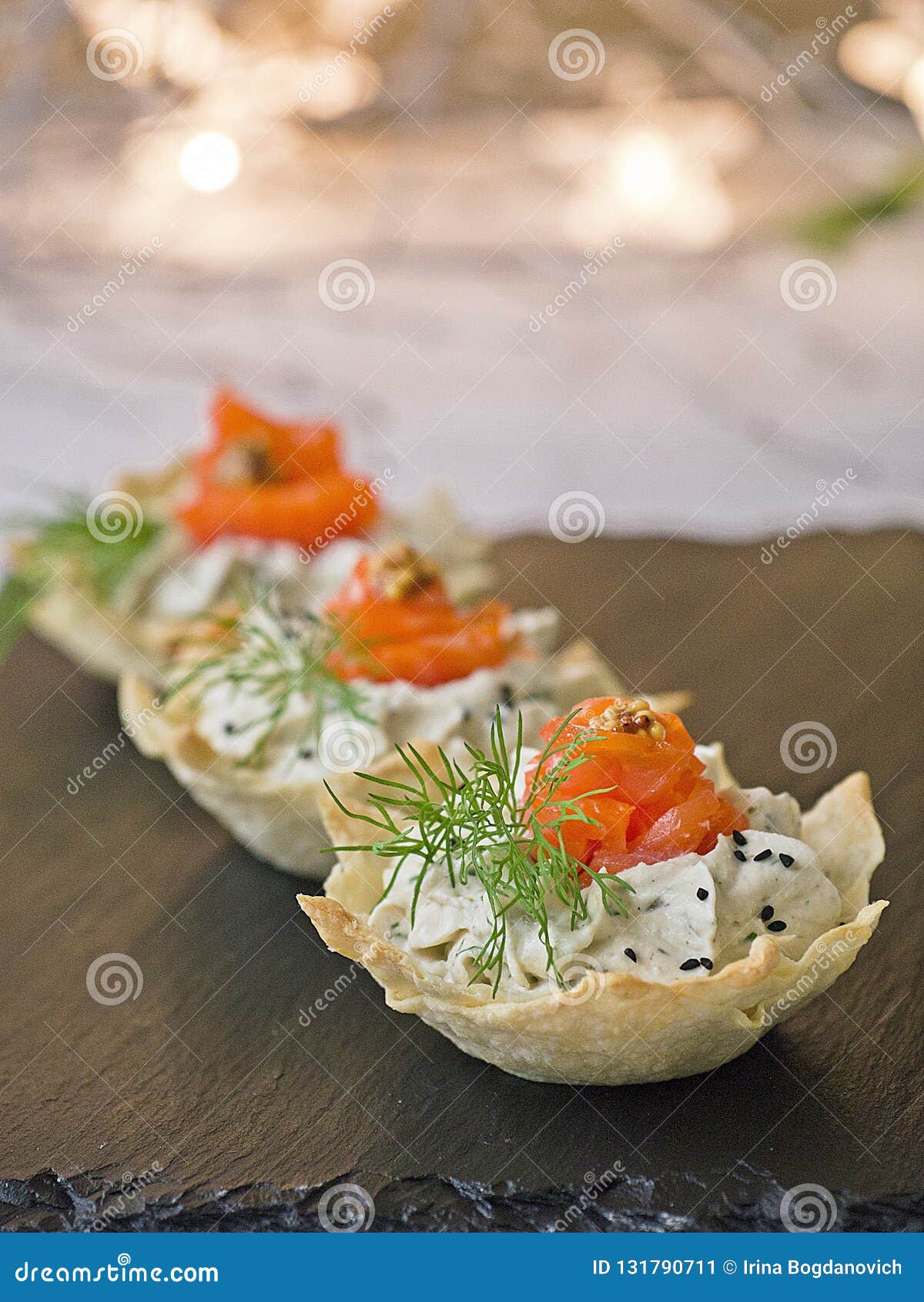 Tartlets with Cream Cheese and Smoked Salmon on Black Slate. Festive ...