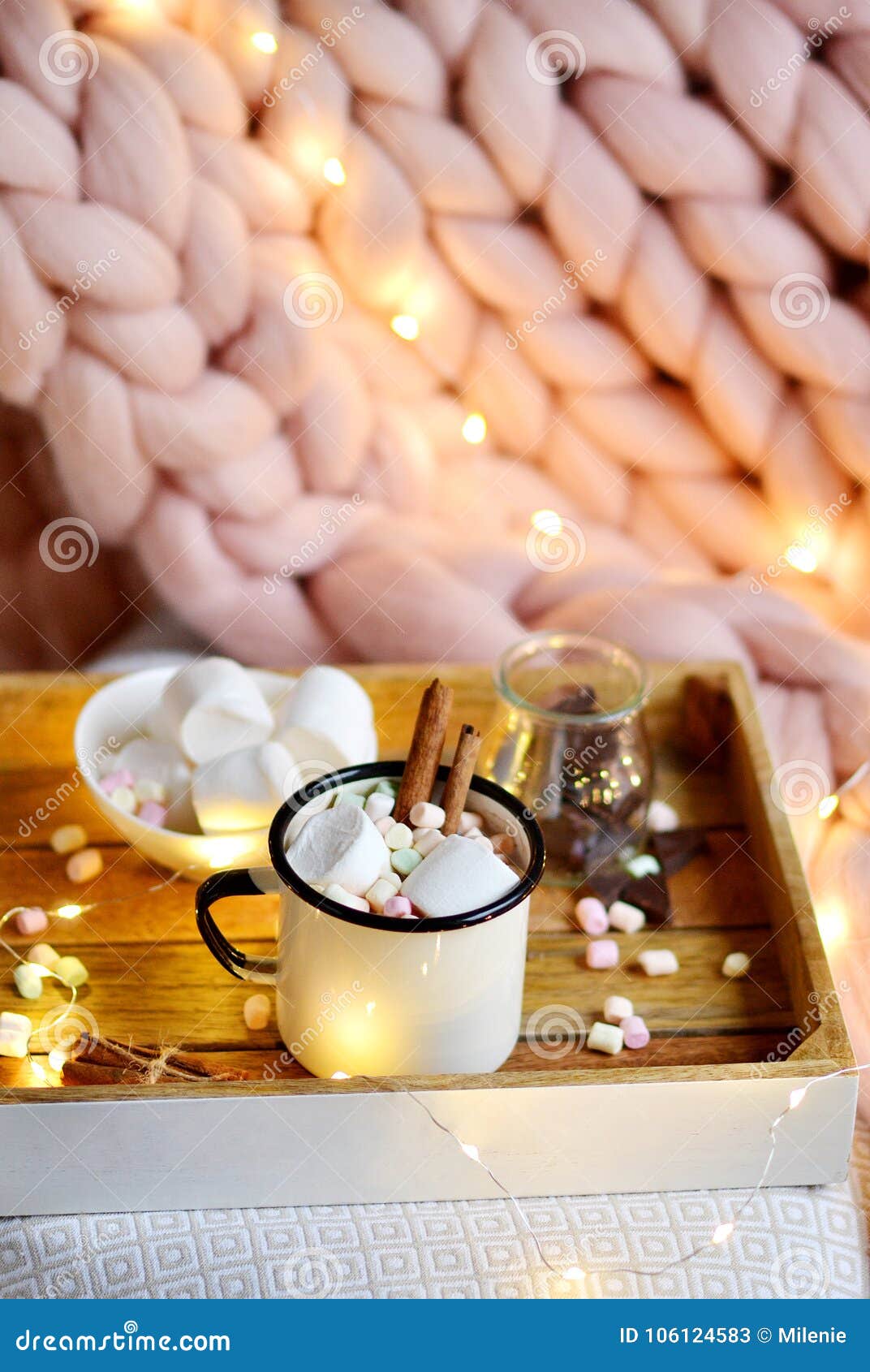 Tasse Avec Du Chocolat Chaud, Cuvette Avec Des Guimauves, Pot Avec Du  Chocolat, Plaid Géant En Pastel Rose Image stock - Image du chaud, guimauves:  106124583