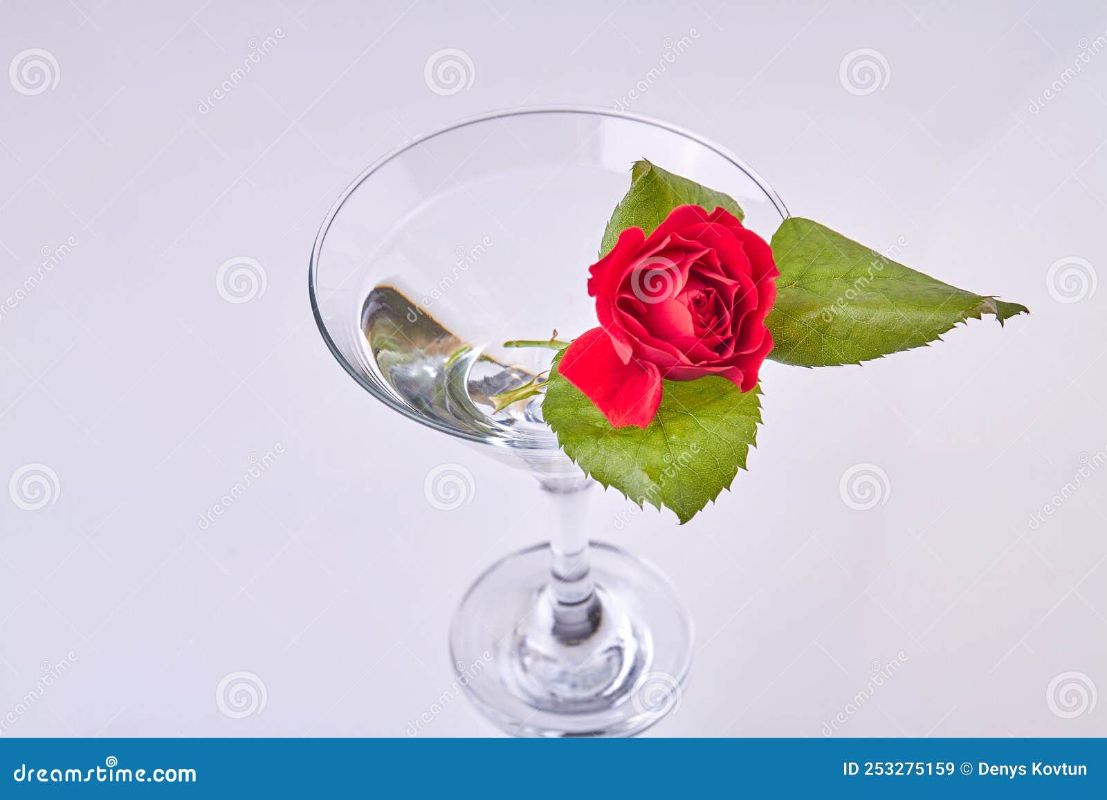 Tasse En Verre De Cocktail Avec Fleur De Rose Et Feuilles. Image