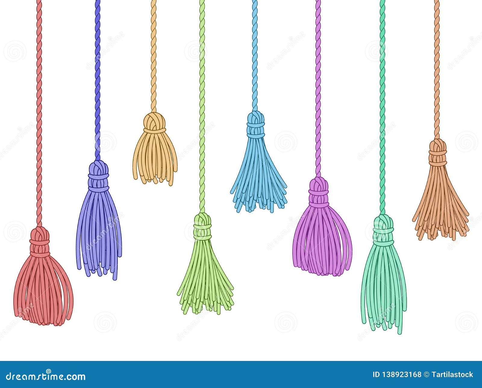 tassel trim. fabric curtain tassels, fringe bunch on rope and pillow colorful embelishments   set