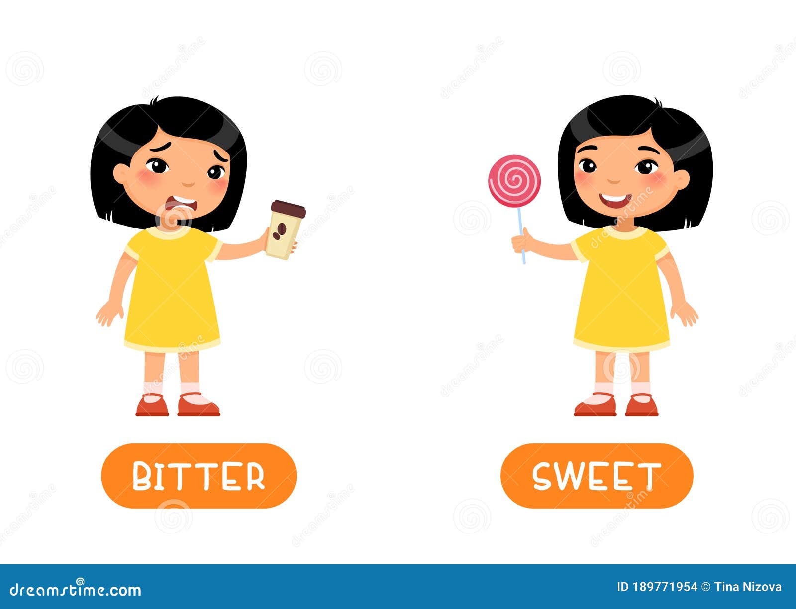 taste concept, bitter and sweet. educational word card with opposites  template. foreign language flash card with cute asian