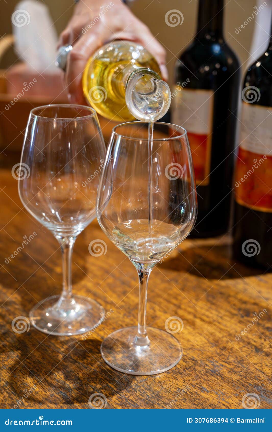 tasting of sweet dessert sauternes wines in old wine domain on sauternes vineyards in barsac village affected by botrytis cinerea