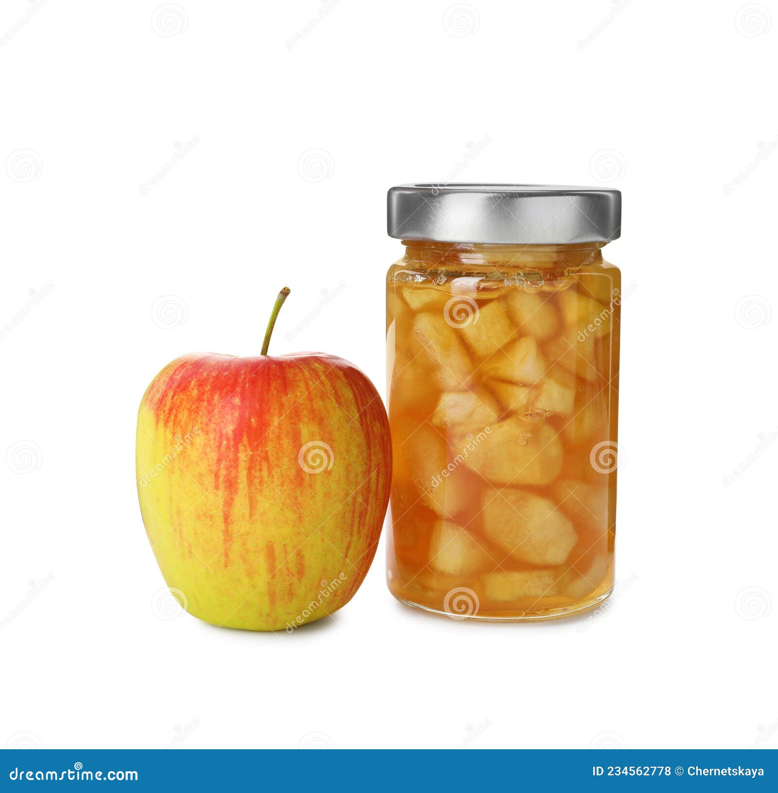 Tasty Apple Jam in Glass Jar and Fresh Fruit on White Background Stock