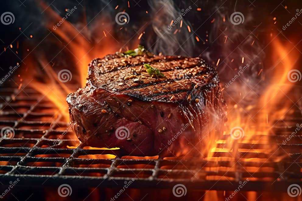 Tasty Beef Steak Lying on Steel Grate with Fire Flames Around, Neural ...