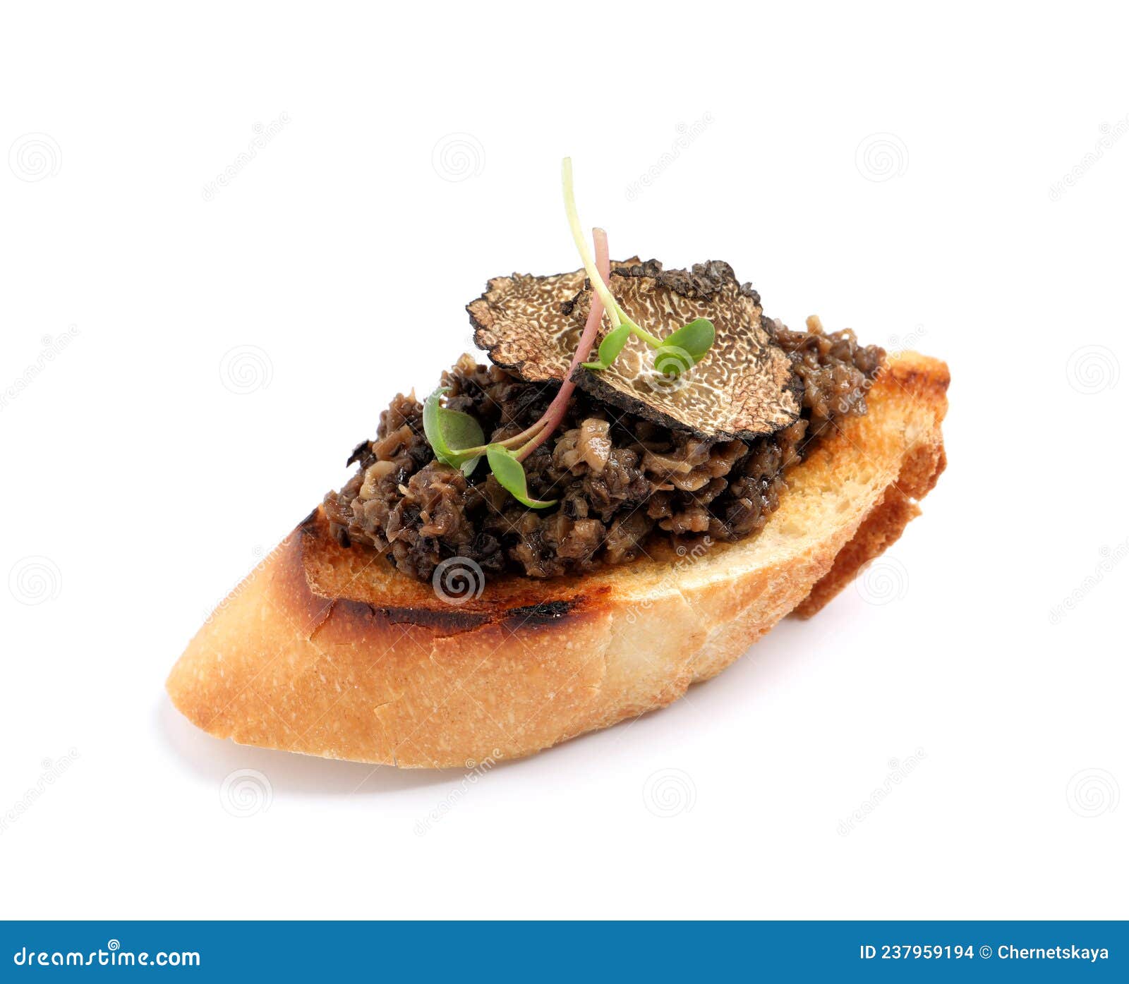 Tasty Bruschetta with Truffle Paste Isolated on White Stock Photo