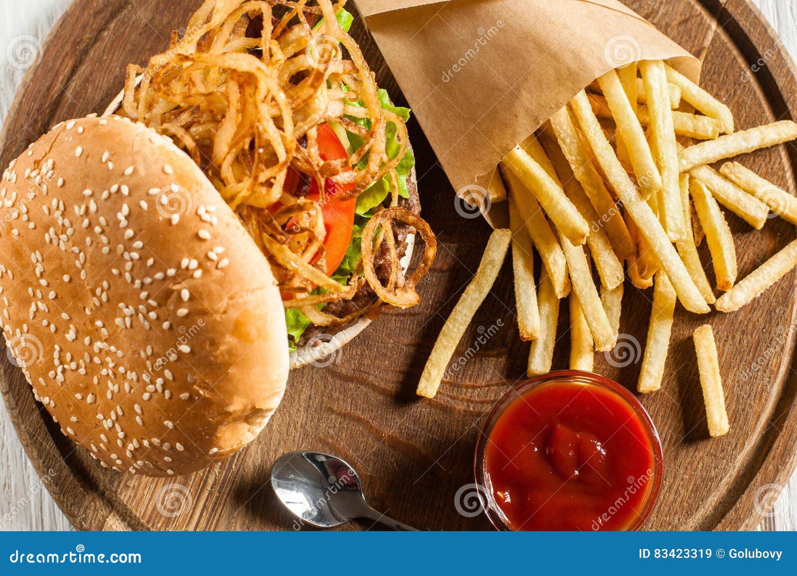 Tasty Burger With French Fries And Ketchup Stock Image Image Of