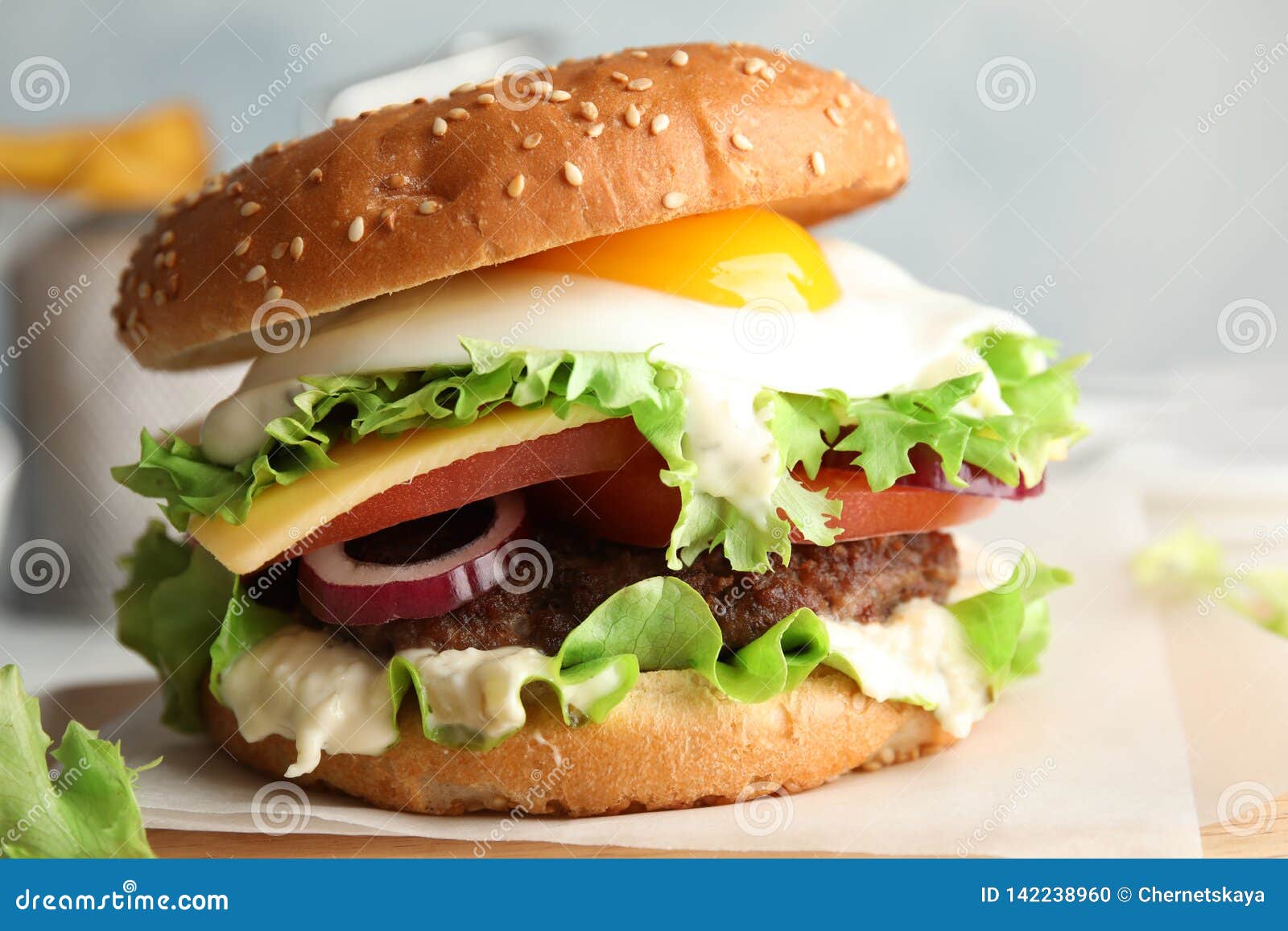 Tasty Burger with Fried Egg Stock Photo - Image of juicy, meat: 142238960