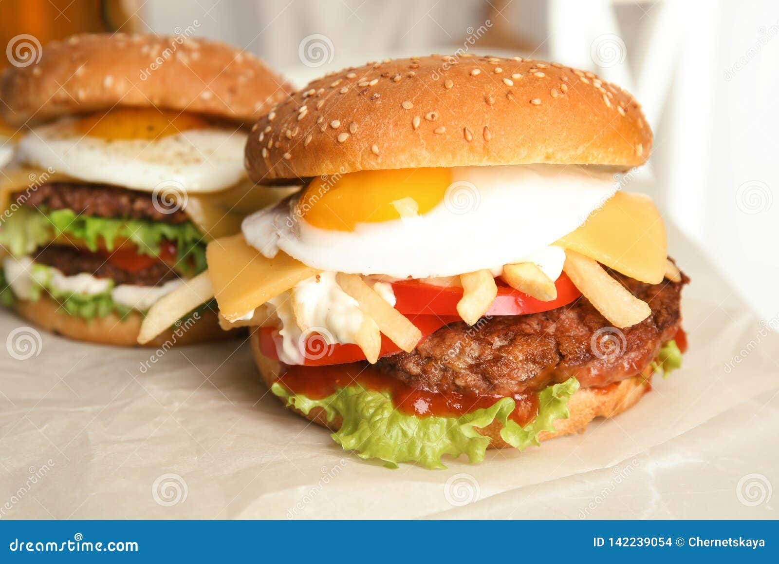 Tasty Burgers with Fried Egg Stock Photo Image of bread, beef 142239054