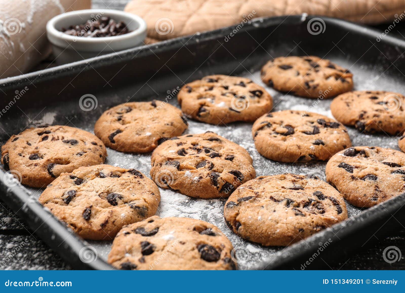 Tasty Cookies with Chocolate Chips on Baking Tray Stock Image Image