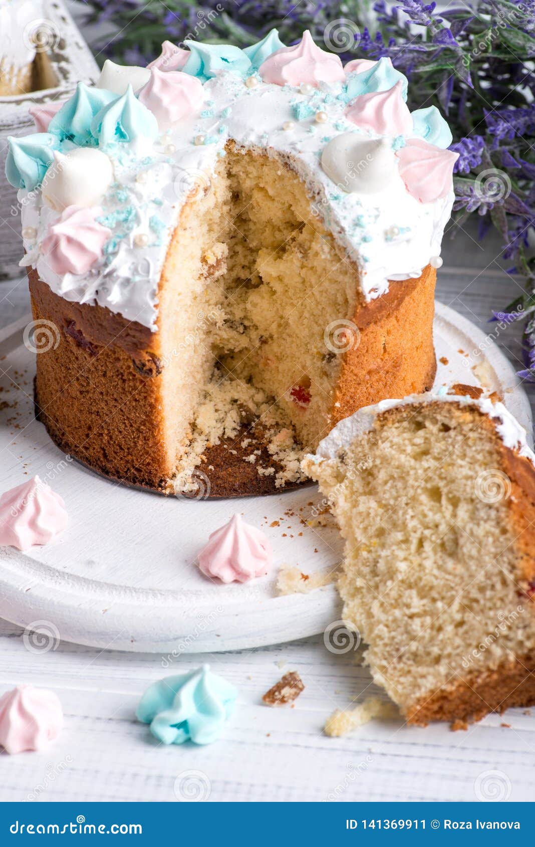 Tasty Decorated Easter Cakes Lie On A Round White Wooden ...