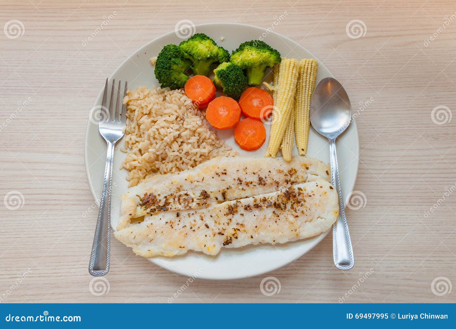 Tasty Fish Fillet Steak with Steamed Vegetables and Brown Rice. Stock ...