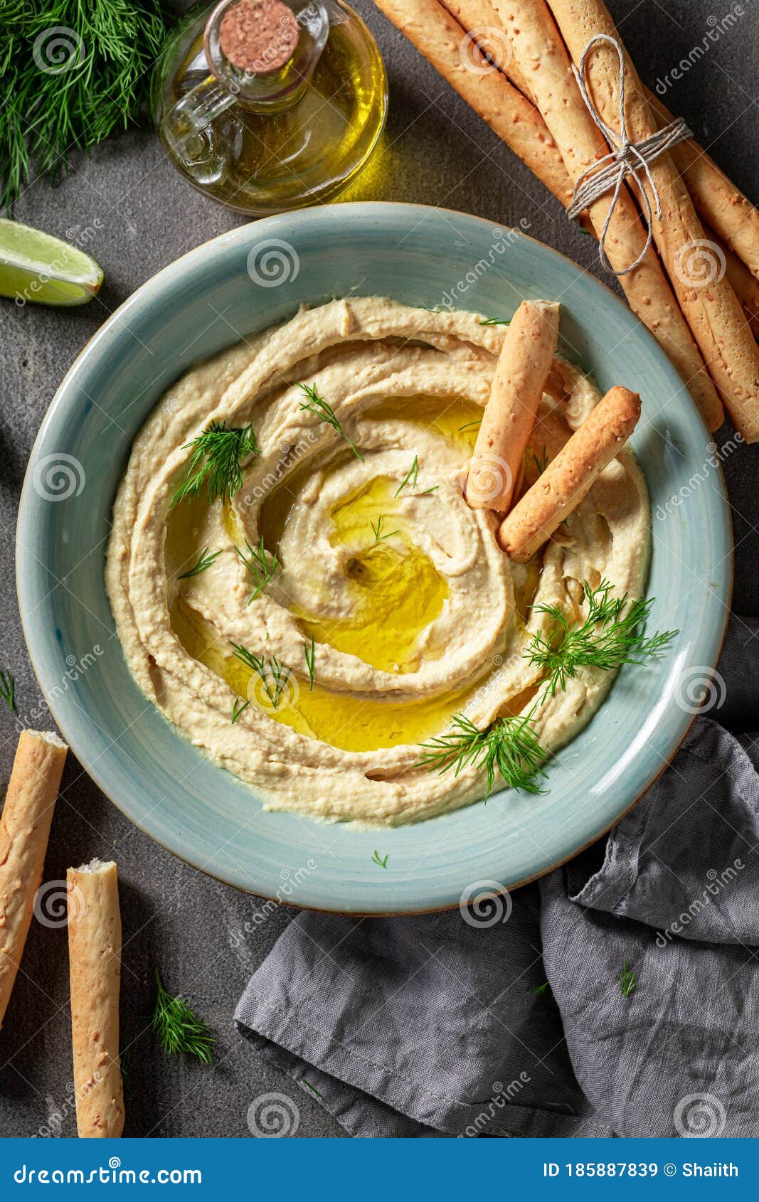 Tasty and Fresh Hummus with Breadsticks and Dill Stock Image Image of