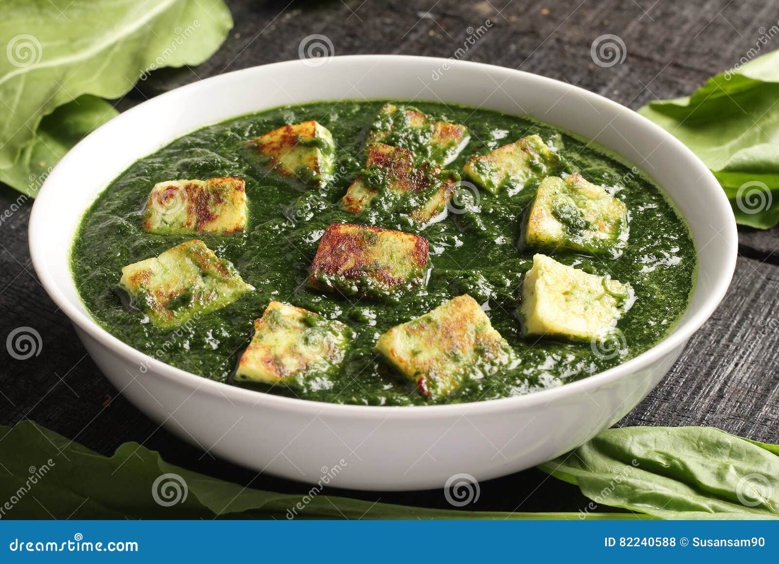 Palak Paneer Or Spinach And Cottage Cheese Curry,mortar With Spices On