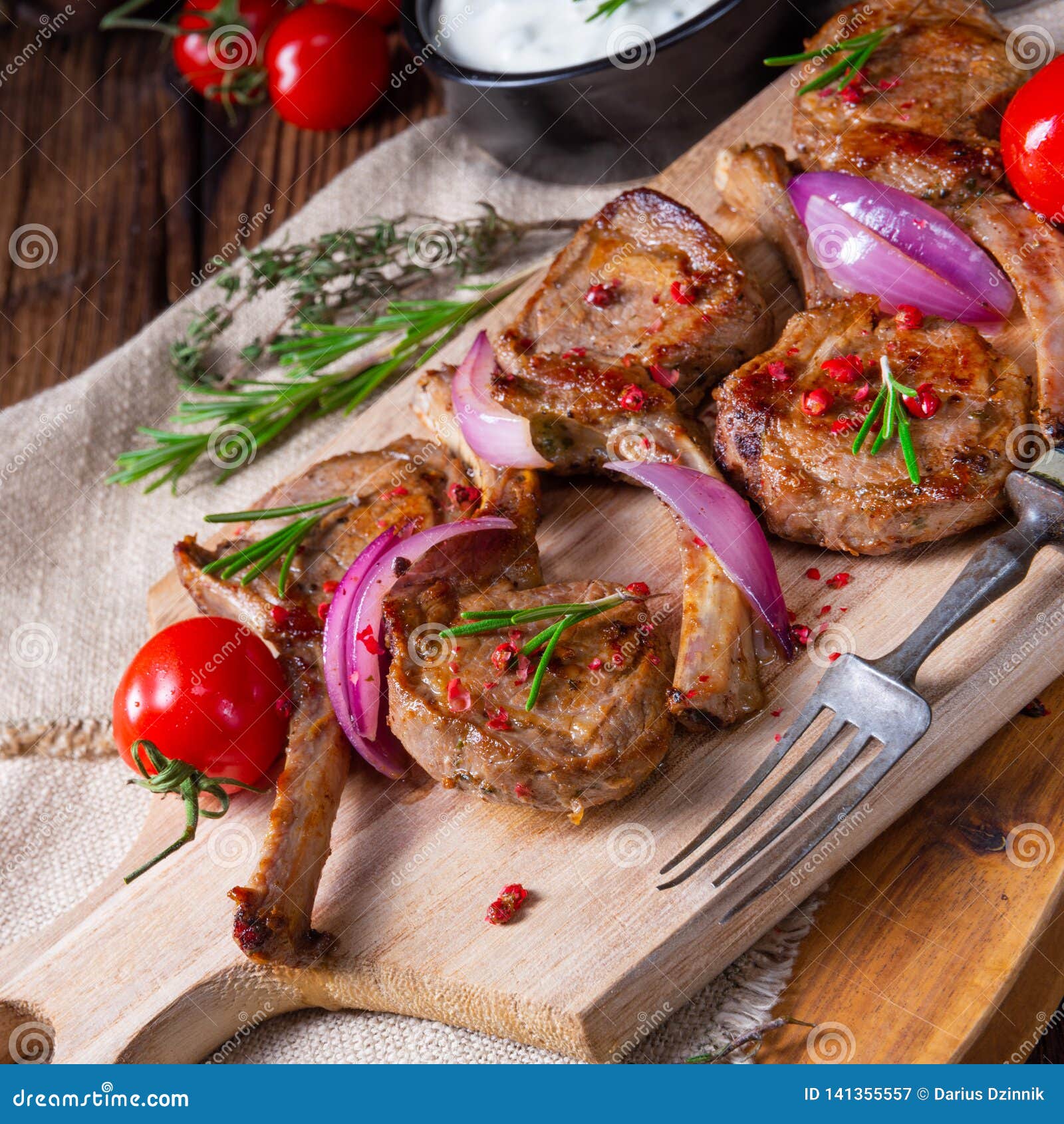 Tasty Lamb Chops with Mint and Rosemary Stock Image Image of herb, background 141355557