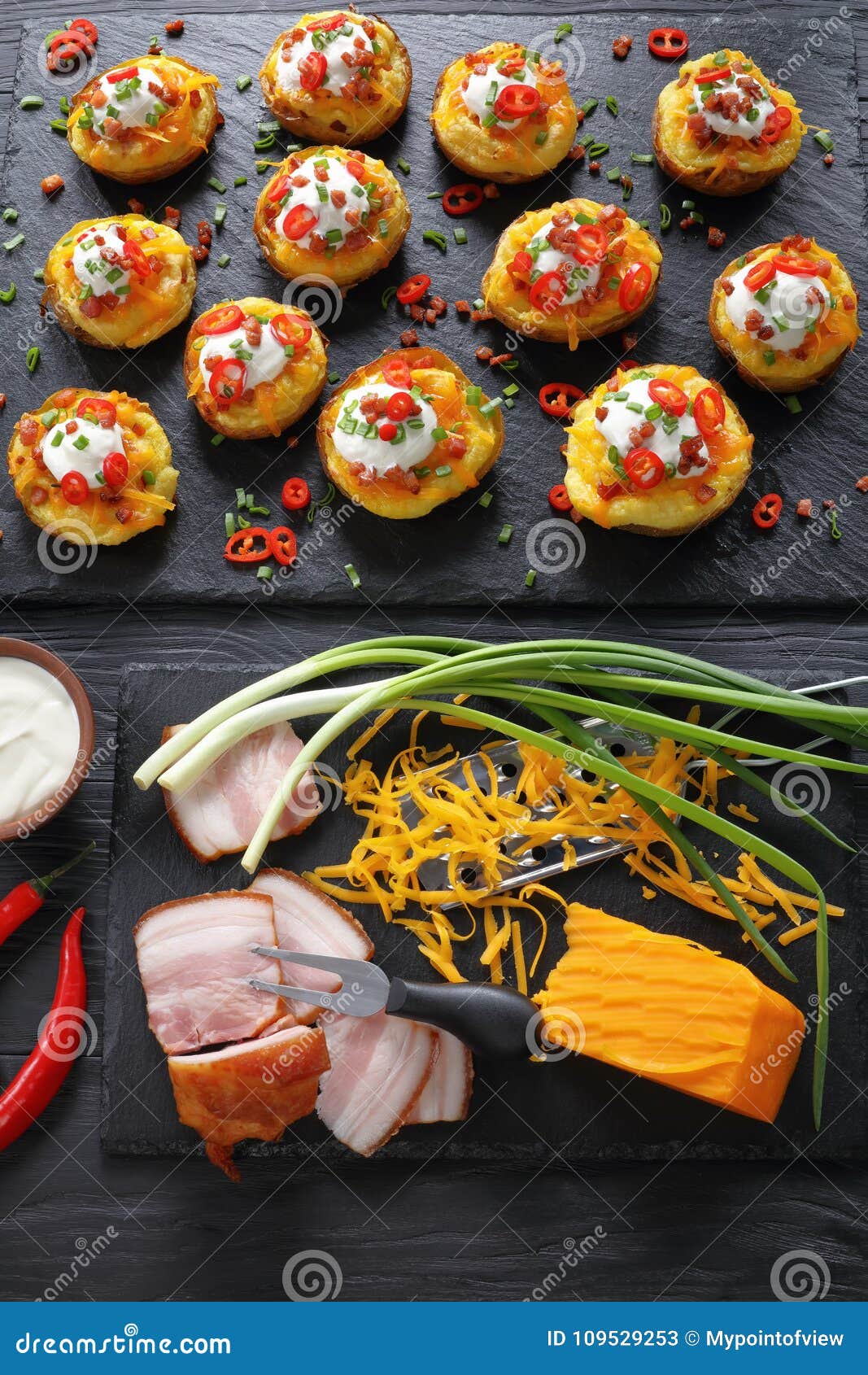 Tasty Loaded Potatoes Halves, Top View Stock Image - Image of cooked ...