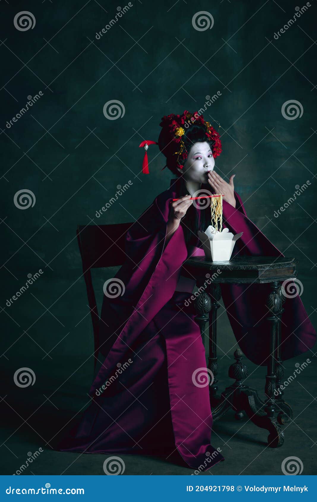 young japanese woman as geisha on dark green background. retro style, comparison of eras concept.