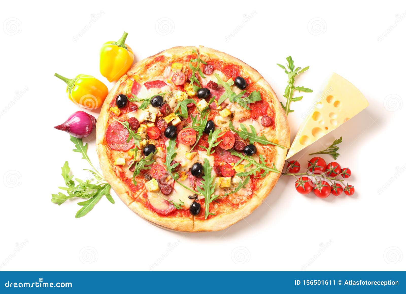 Tasty Pizza and Ingredients Isolated on White Stock Image Image of