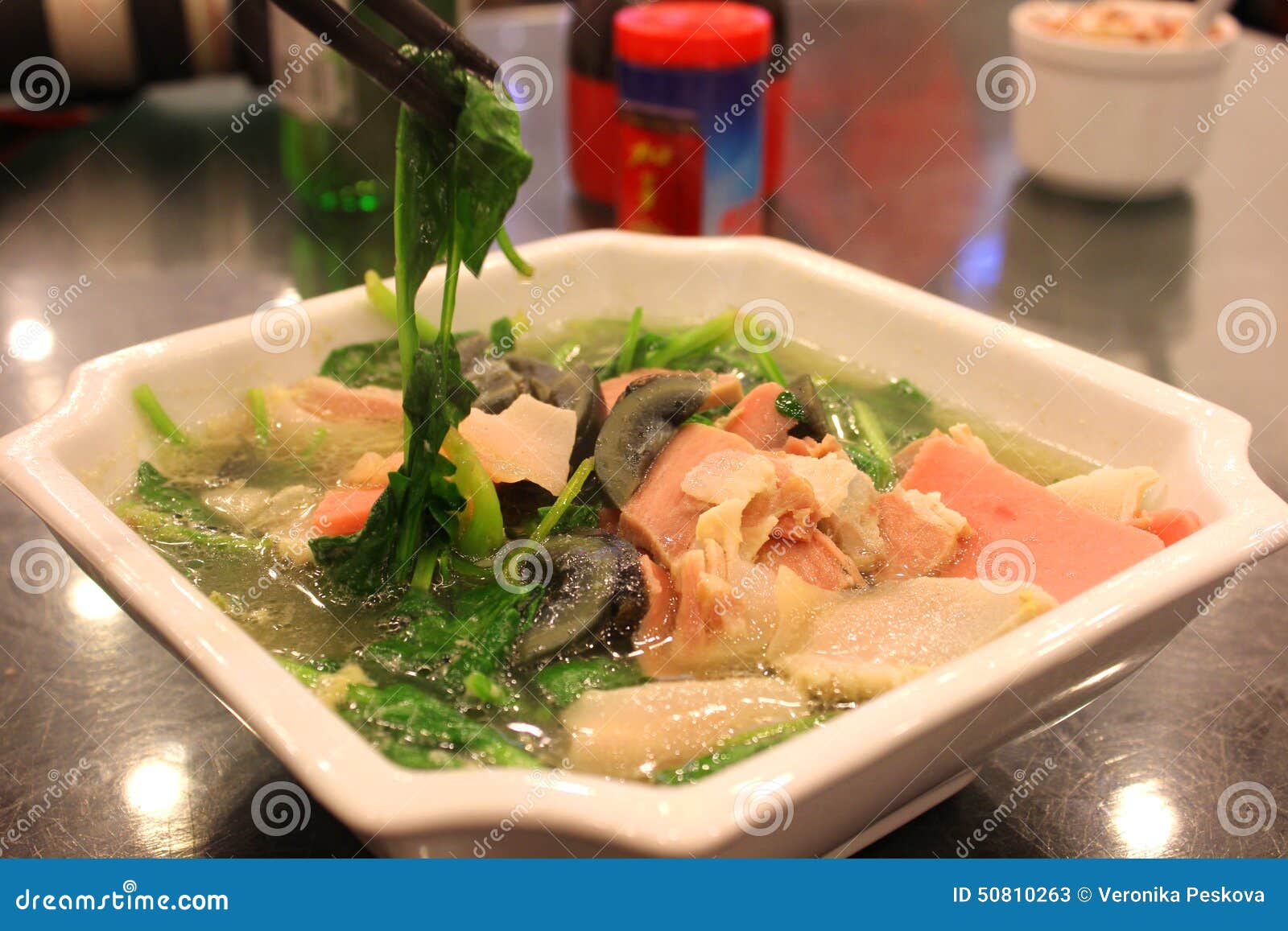 Tasty Pork Soup with Black Egg and Chopsticks Stock Image Image of