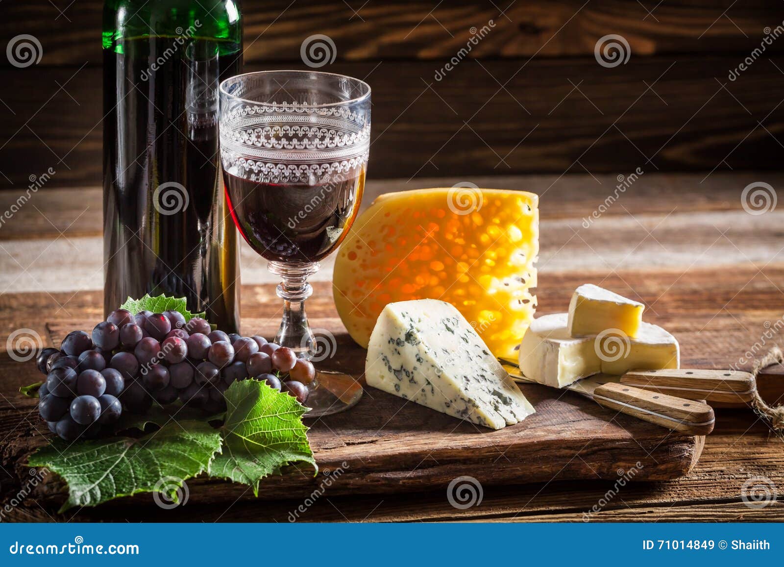 Tasty Red Wine in Bottle with Grapes and Cheese Stock Image Image of