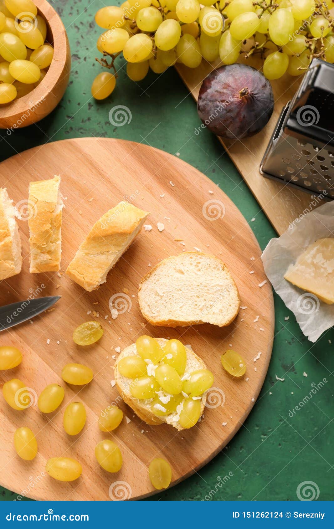 Tasty Sliced Bread with Grape on Wooden Board Stock Photo Image of