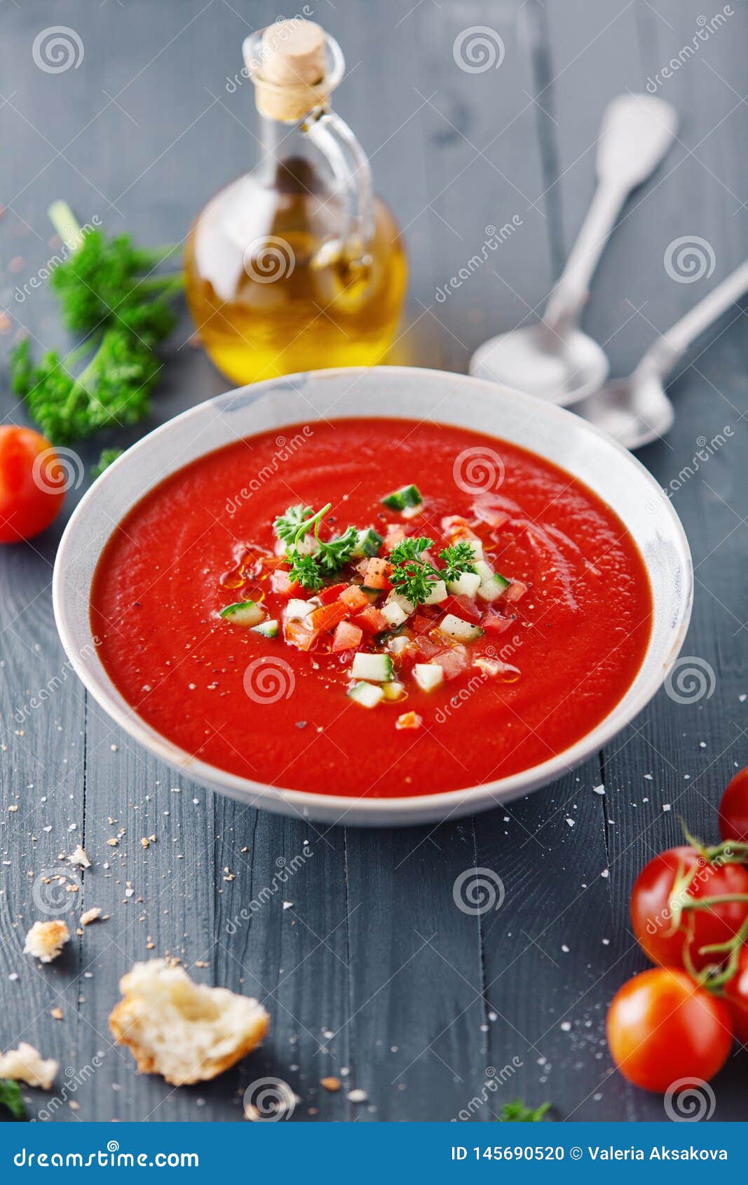 Tasty Summer Tomato Soup Served In Bowl Stock Photo - Image of green ...