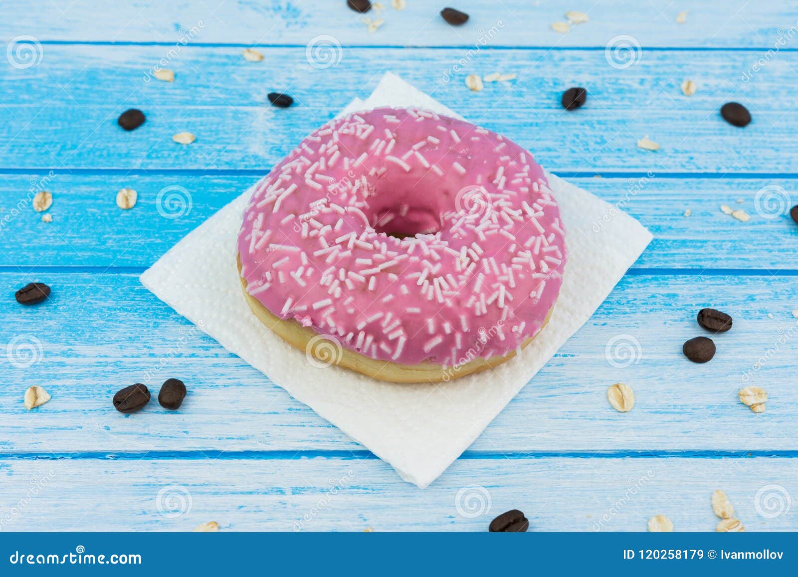 Download Tasty Sweet Pink Donut On Paper On Scratched Blue White High Con Stock Image - Image of baked ...