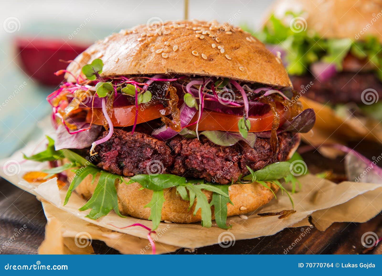 Tasty Vegetarian Beet Burgers on Wooden Table. Stock Photo - Image of ...