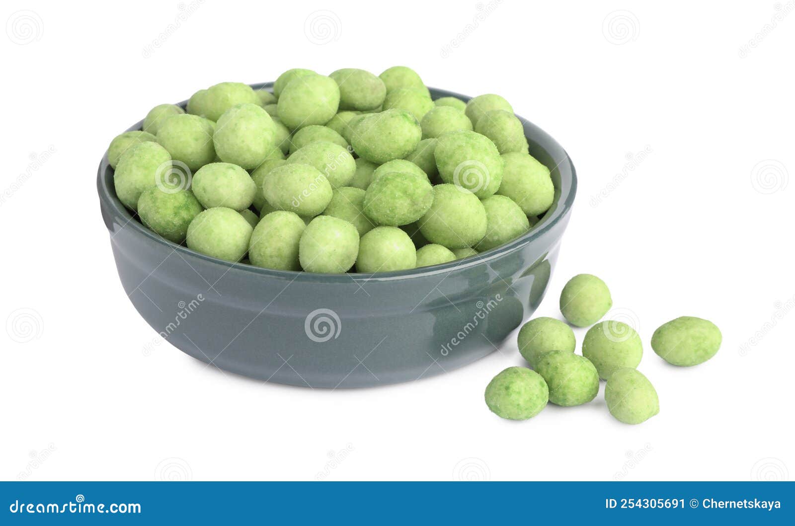 Tasty Wasabi Coated Peanuts in Bowl on White Background Stock Image