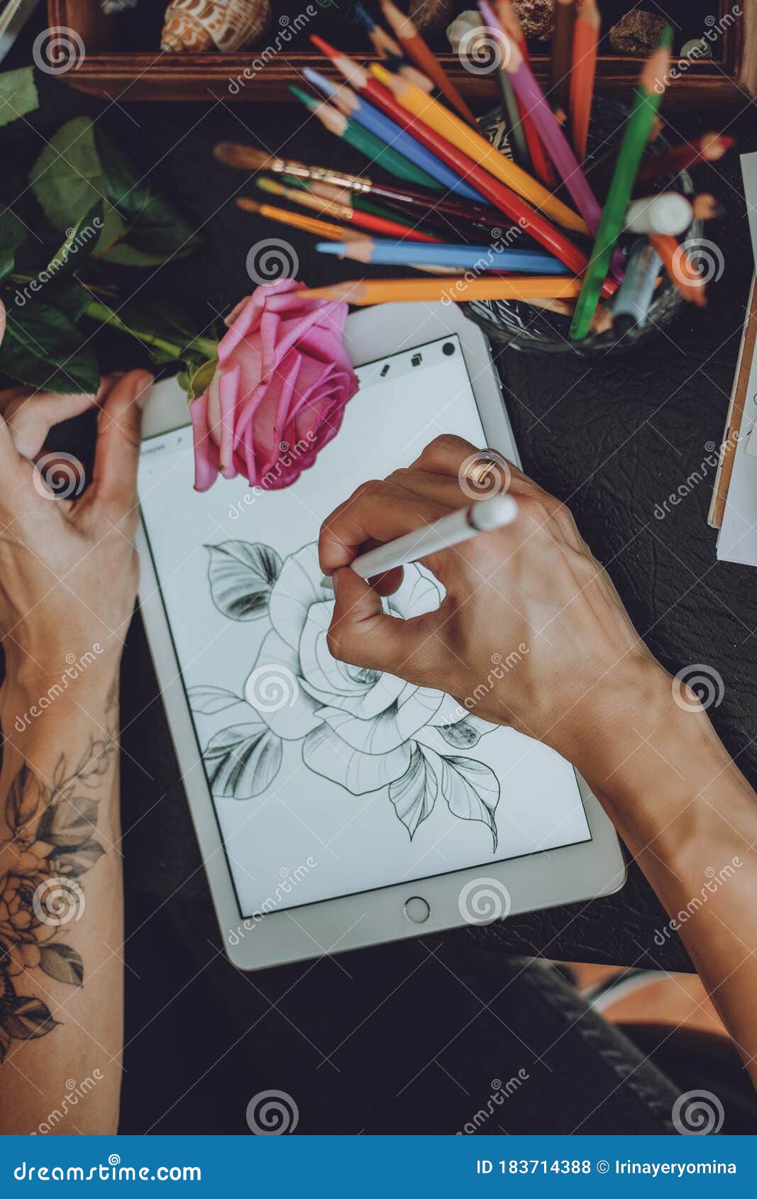 Tattoo Art Digital Process on Ipad. Tattoo Artist Hands Holding Apple Pencil and Drawing on IPad Pro in Procreate Editorial Stock Photo - Image of body, hipster: 183714388