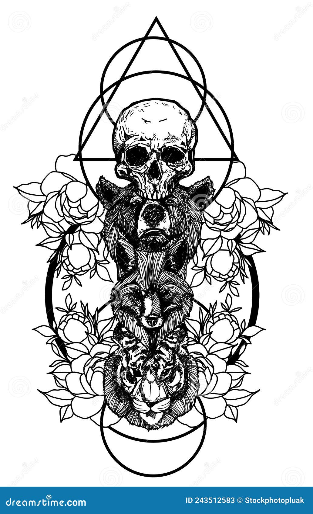 Tattoo Art the Fox Bear and Tiger Hand Drawing and Sketch with Line Art ...