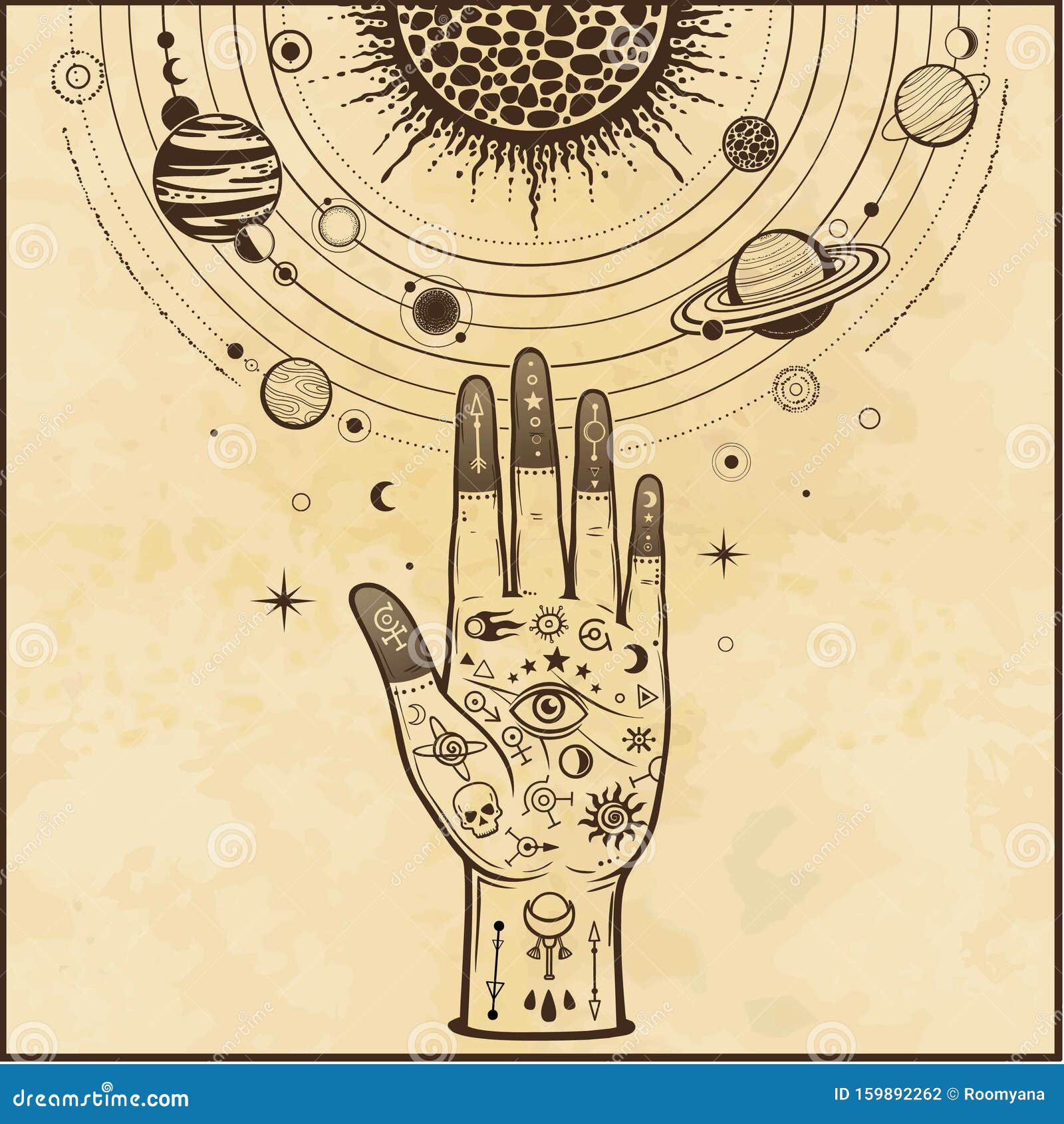 Tattoo Human Hand Holds a Stylized Solar System, Cosmic Symbols, Stars. Stock Vector - Illustration of astral, drawing: 159892262
