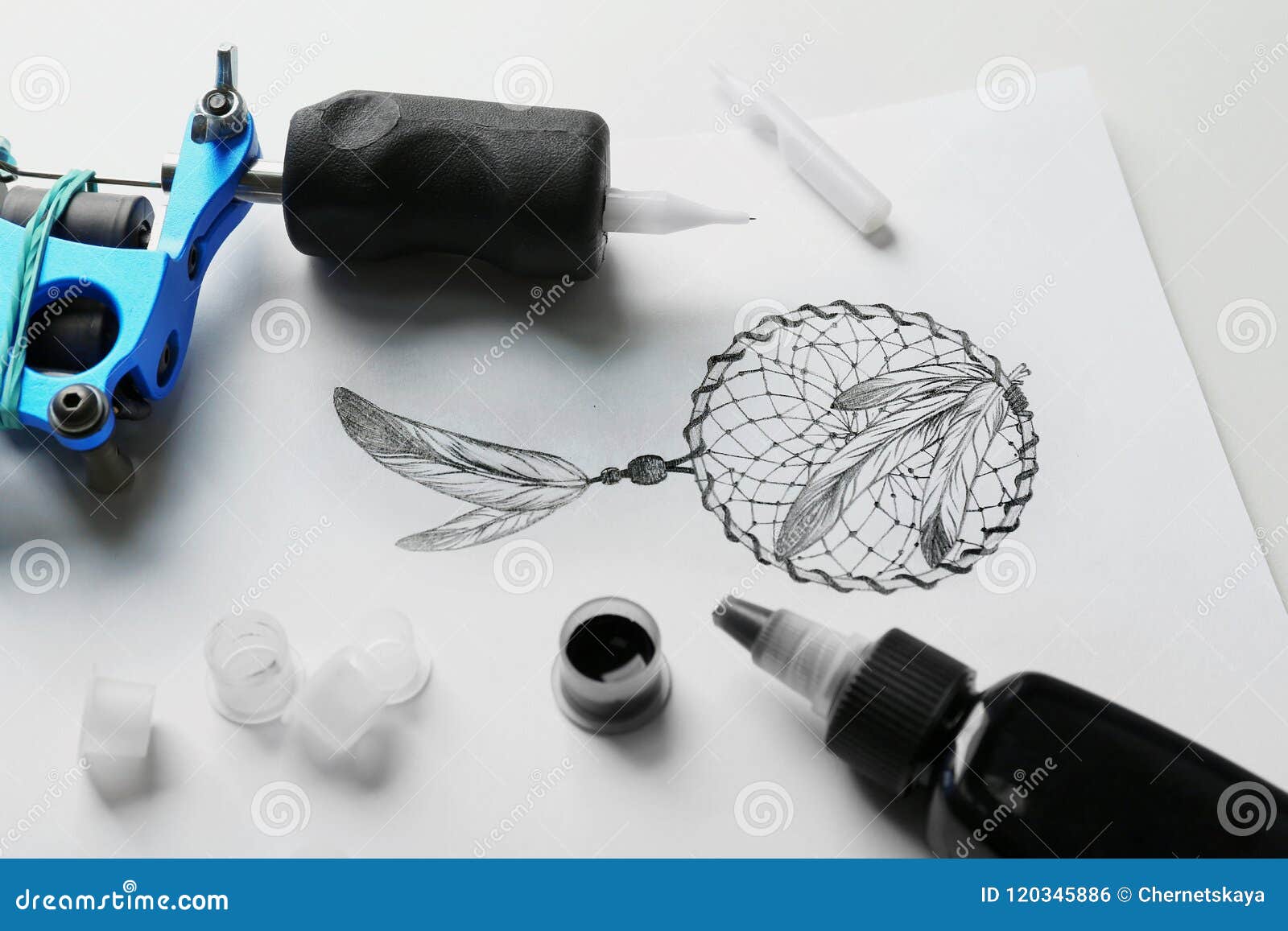 Tattoo Machine, Sketch and Supplies Sk Stock Photo - Image of painful, punk: 120345886