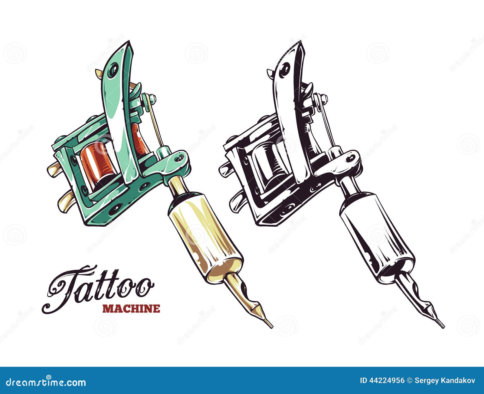 Cool hand-drawn tattoo machine isolated on white. Colored and 