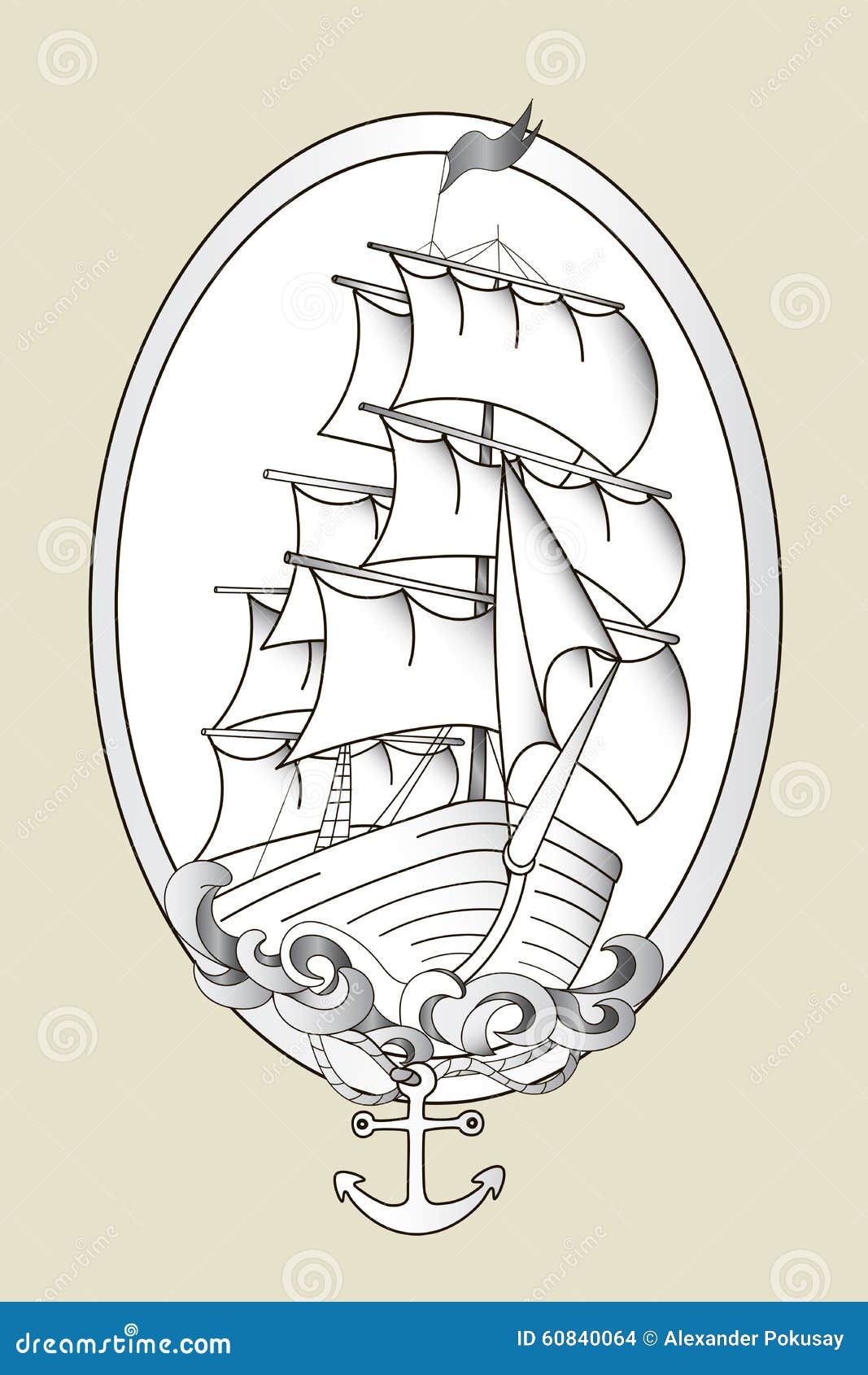 Sail ship inside wheel engraving tattoo Royalty Free Vector