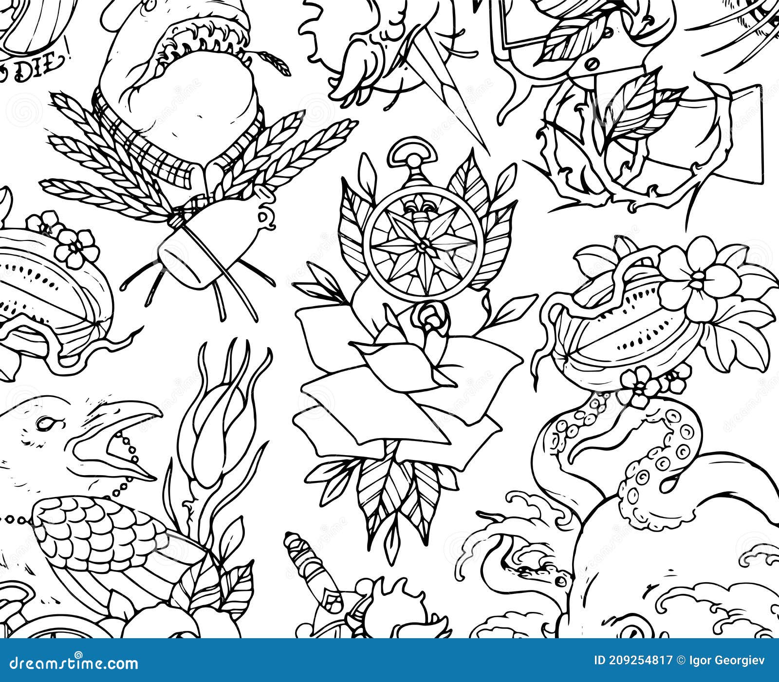Tattoo SketchBook. Set of Labels and Elements. Vector Set Illustration  Template Stock Vector - Illustration of template, music: 209254817