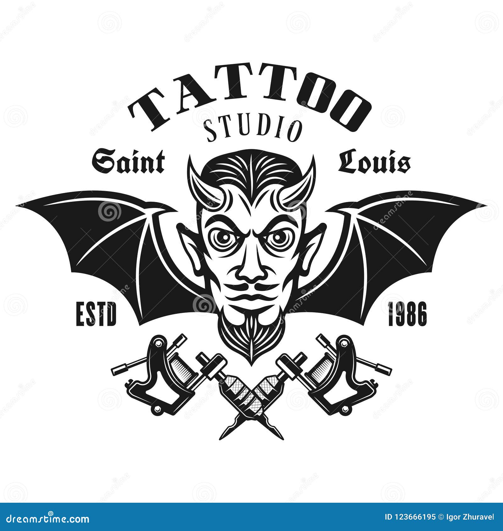 Tattoo Studio Vector Emblem with Horned Devil Head Stock Vector - Illustration of demon, logo: 123666195