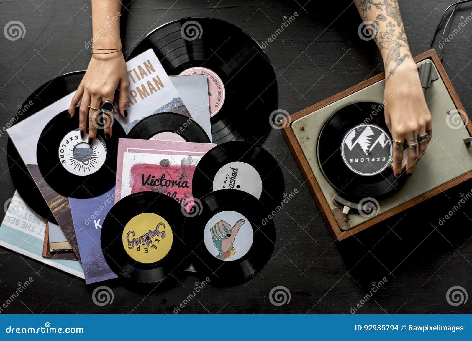 Tattoo Woman with Music Vinyl Record Disc with Player Stock Photo - Image  of album, playing: 92935794