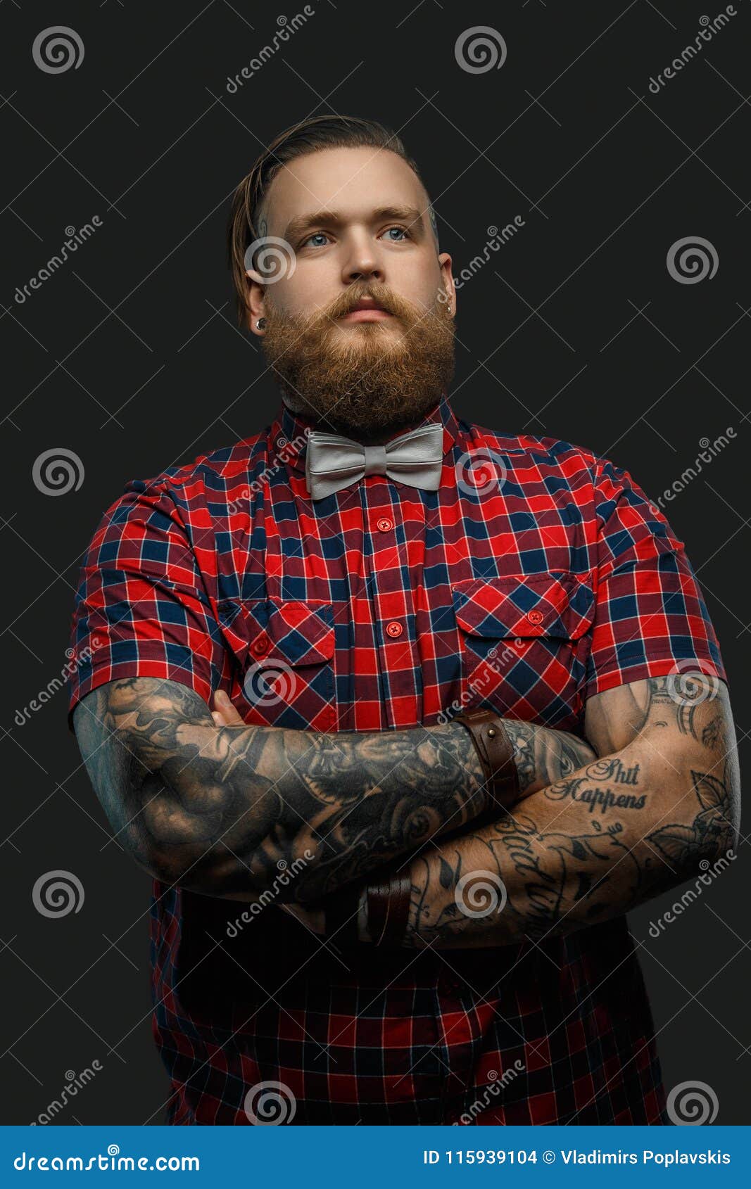 Tattooed Bearded Unformal Male in Red Shirt and Grey Bow Tie. Stock Photo - Image of dark, beard: 115939104