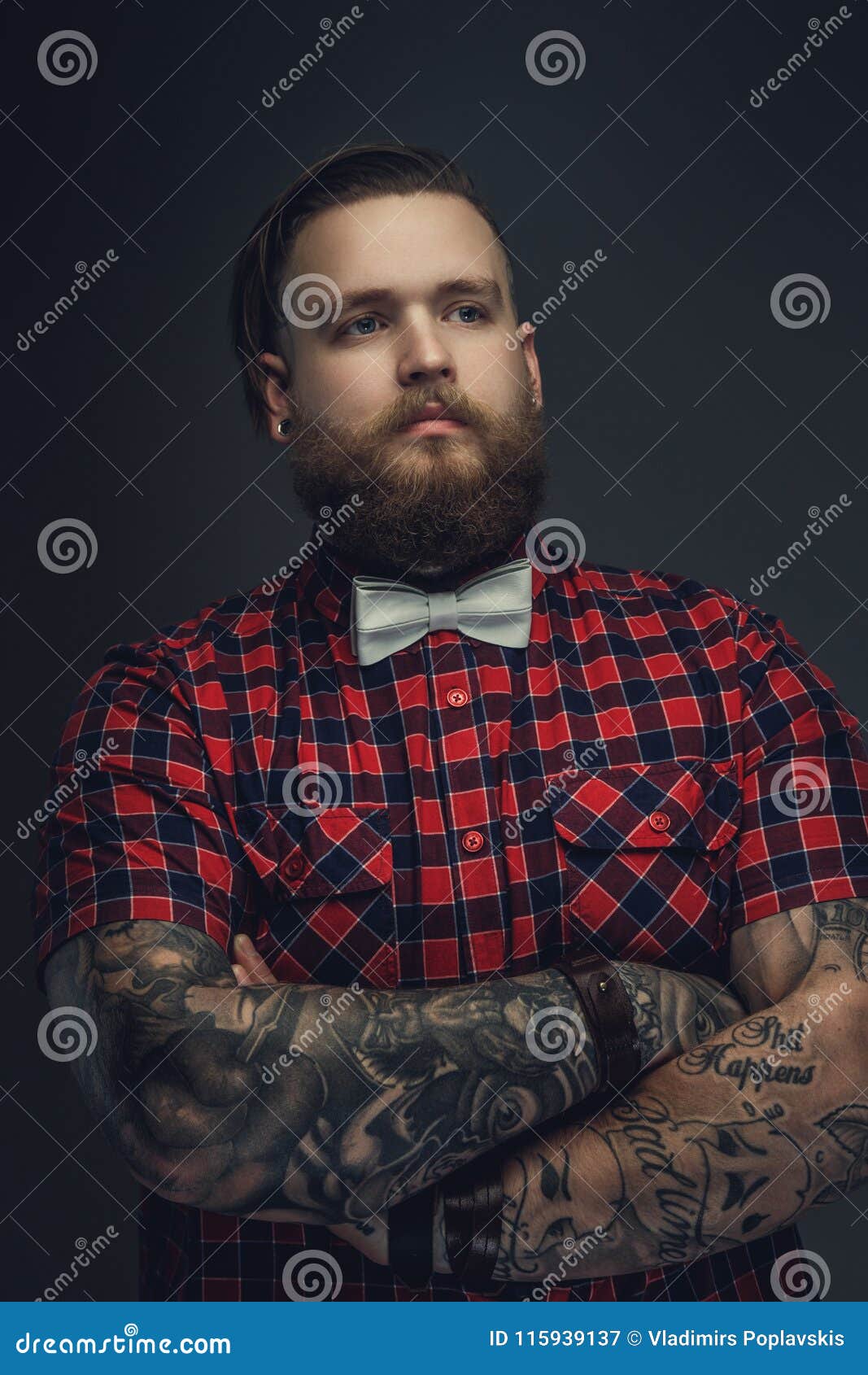 Tattooed Bearded Unformal Male in Red Shirt and Grey Bow Tie. Stock Image - Image of furious, dangerous: 115939137
