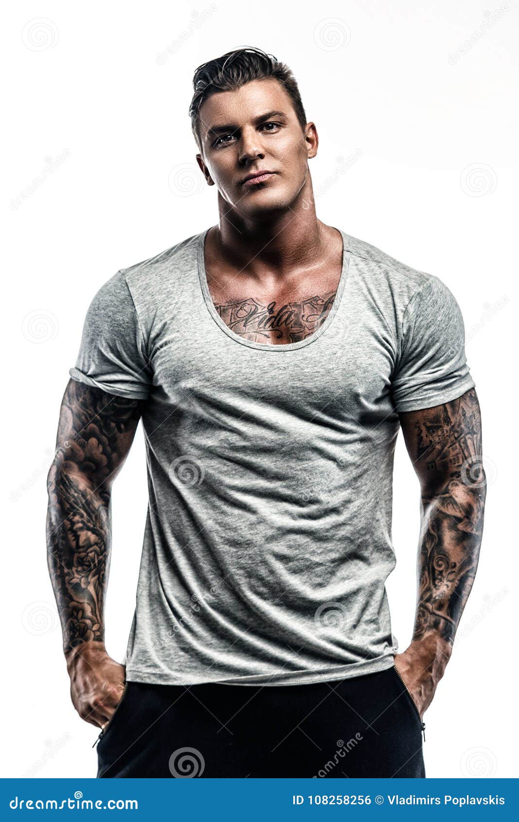 Tattooed Man in Grey T Shirt. Stock Photo - Image of adult, hipster: 108258256