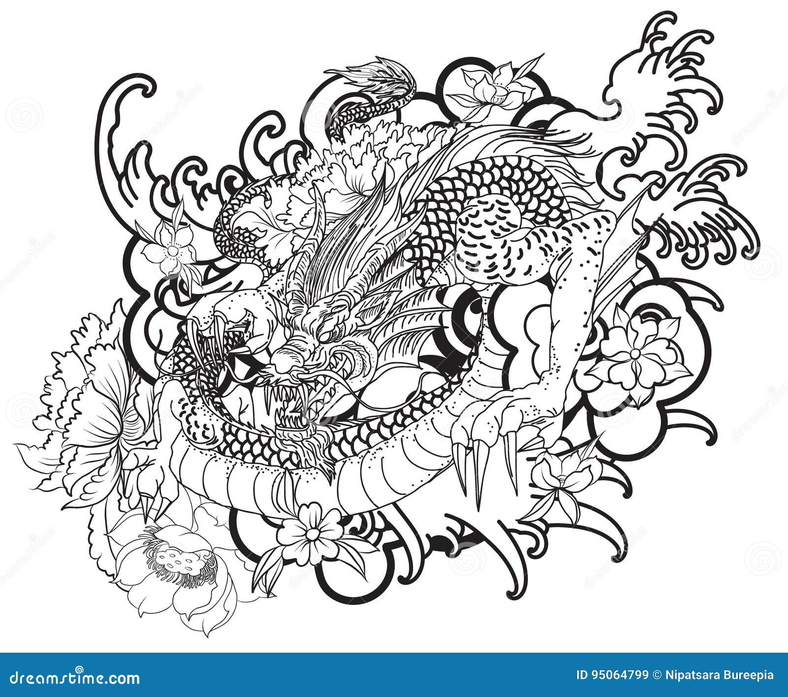 Tatuaggio disegnato a mano del drago stile giapponese del libro da colorare