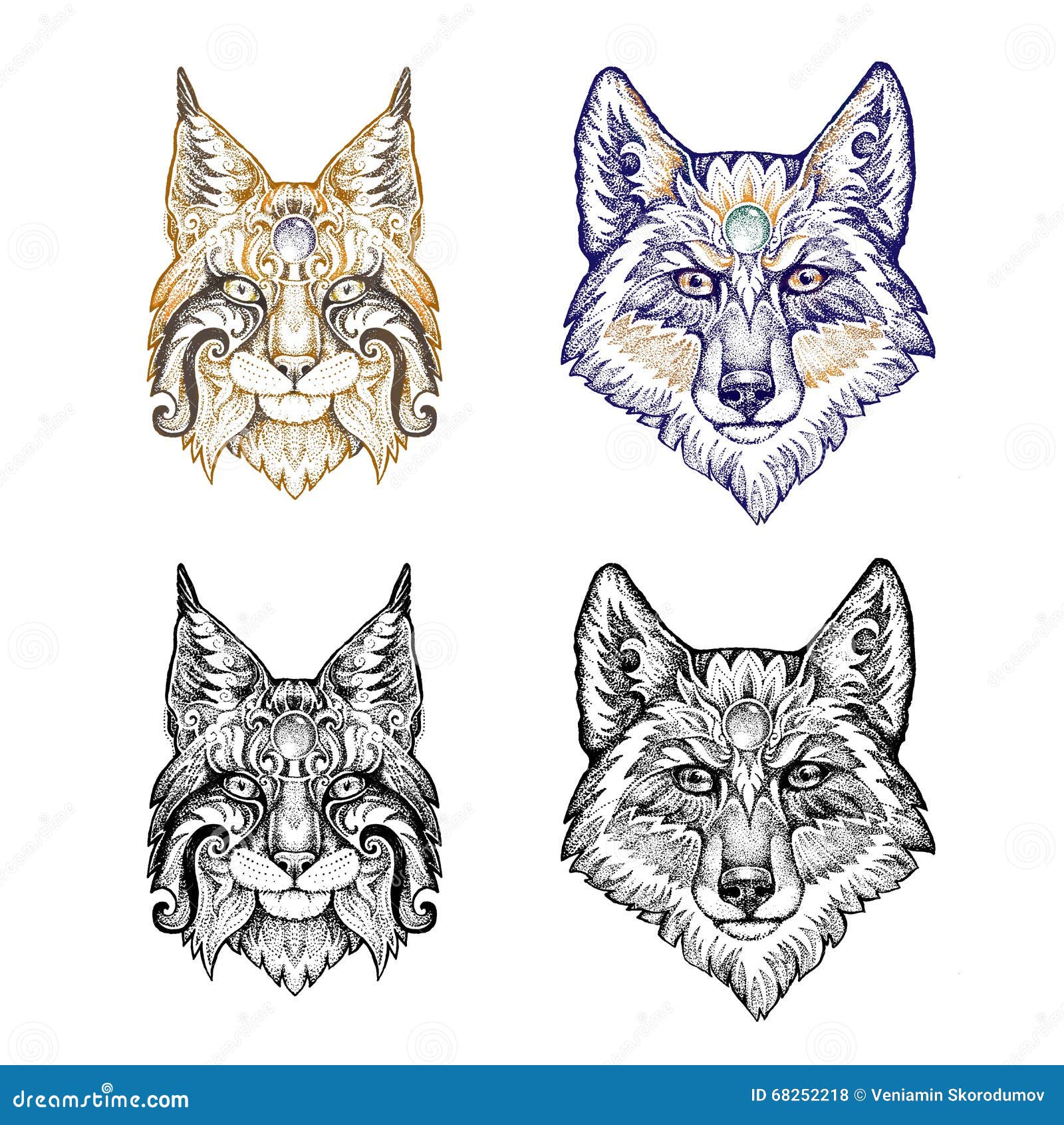 Tatuaje Dotwork Lobo Y Lince Stock De Ilustración Ilustración De