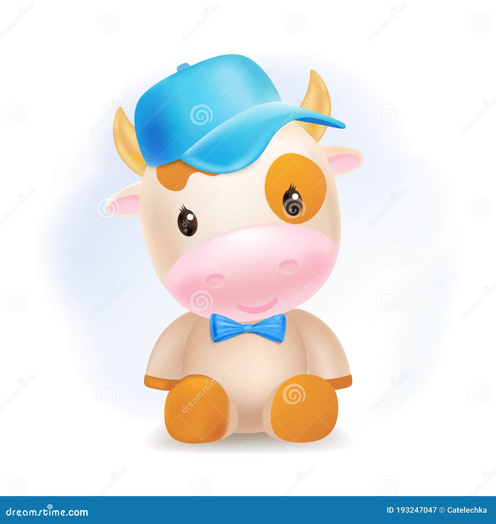 Taureau Mignon Bebe Assis Et Souriant Peu De Vache Avec Capuchon Sur Un Nuage Bleu Pastel Mou Illustration De Vecteur Illustration Du Graphisme Caractere