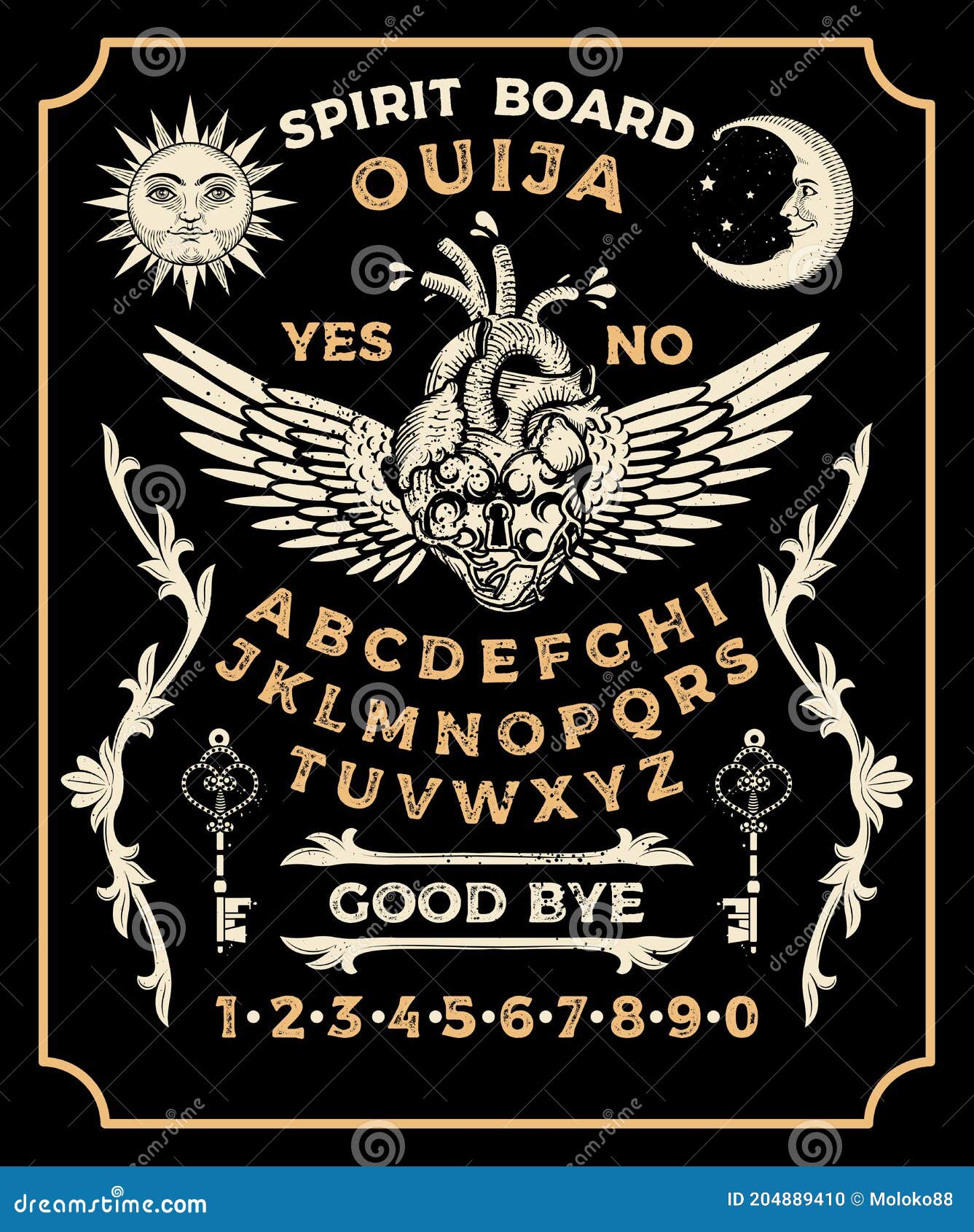 Tavola Ouija Con Cuore Chiuso. Occultismo Impostato. Illustrazione  Vettoriale. Illustrazione Vettoriale - Illustrazione di cuore, luna:  204889410