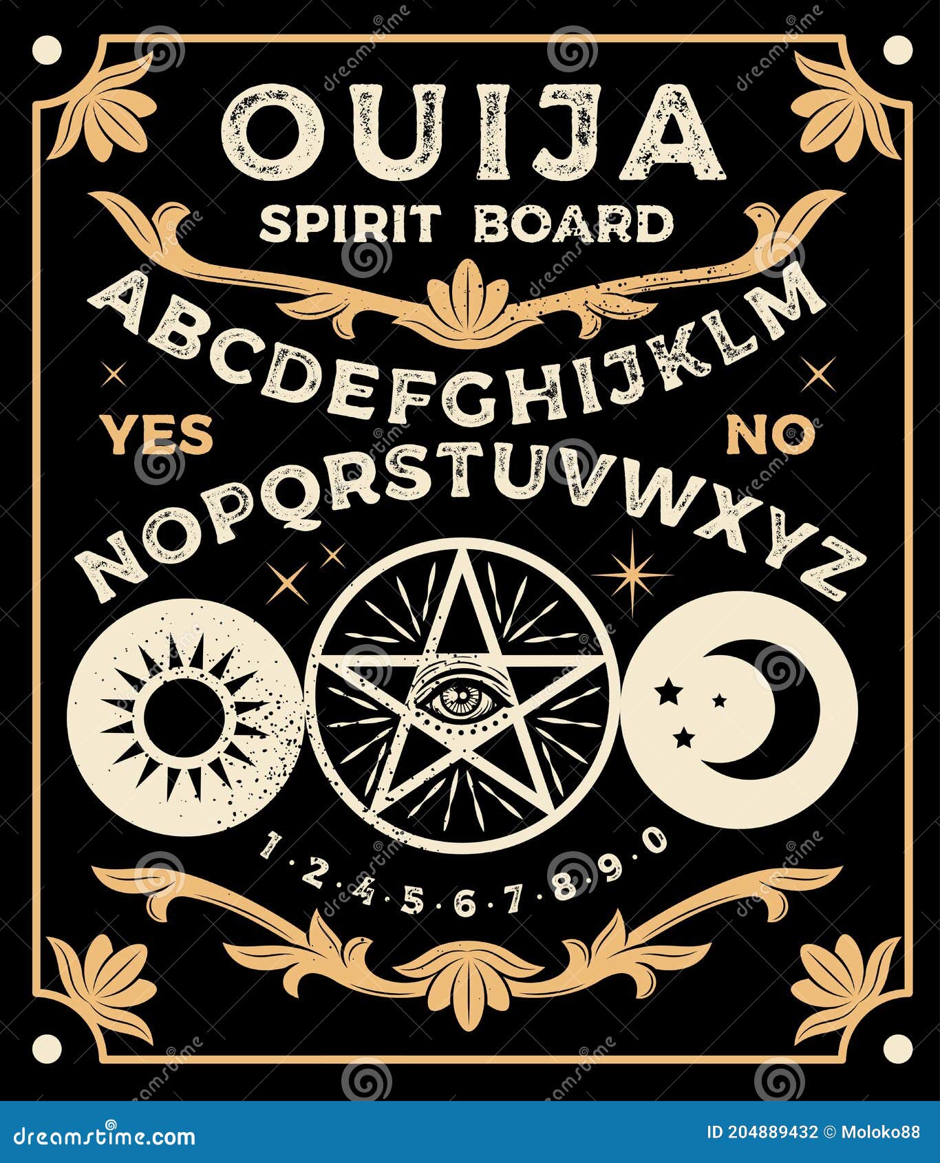 Tavola Ouija Con Pentagramma. Occultismo Impostato. Illustrazione  Vettoriale. Illustrazione Vettoriale - Illustrazione di halloween, bordo:  204889432